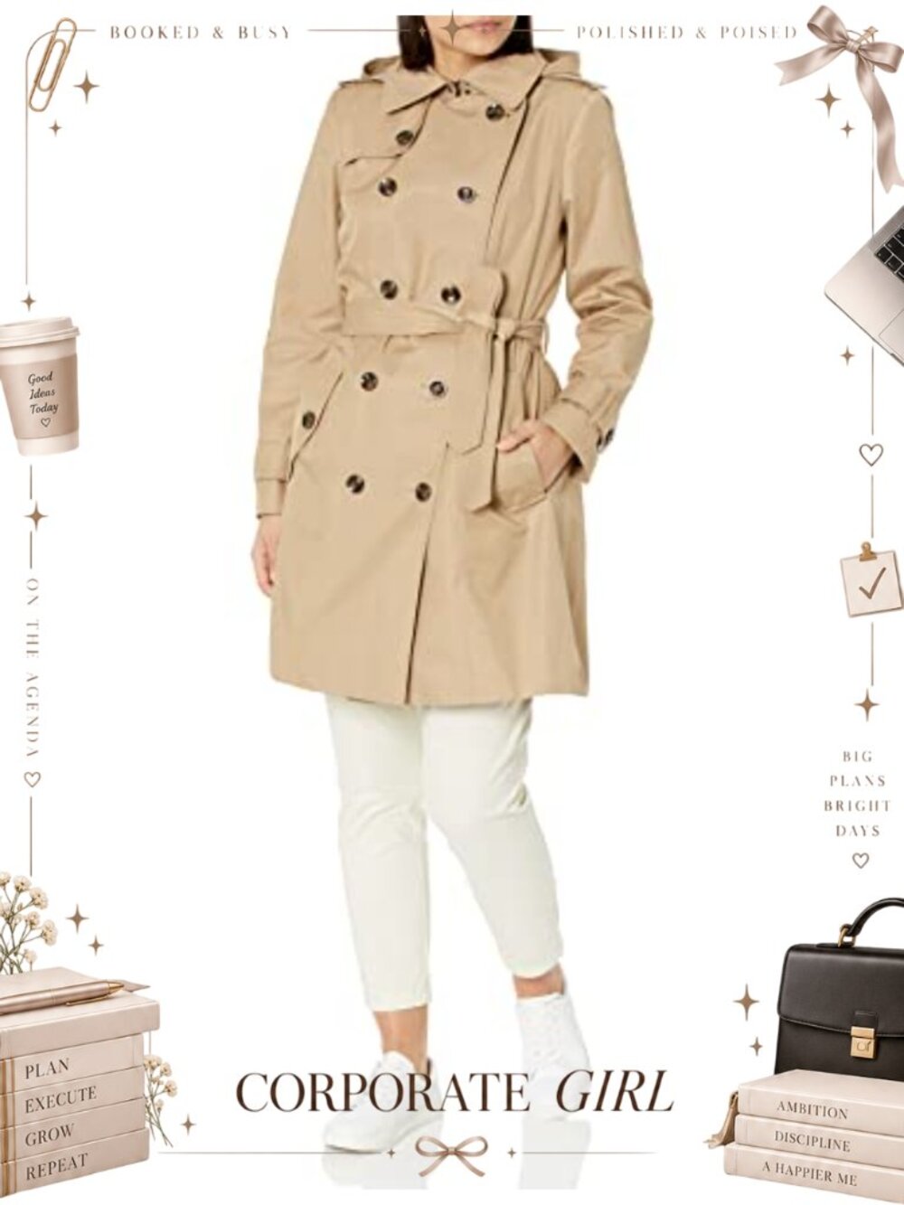 Double Breasted Trenchcoat Removable Hood Self Tie Belt Womens Outerwear